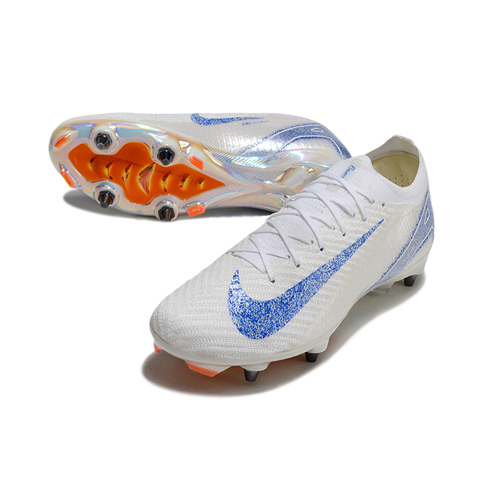 Chuteira Campo Nike Air Zoom Mercurial Vapor 16 Elite Trava Mista Branca, Azul e Laranja 
