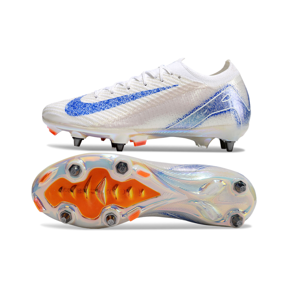 Chuteira Campo Nike Air Zoom Mercurial Vapor 16 Elite Trava Mista Branca, Azul e Laranja 