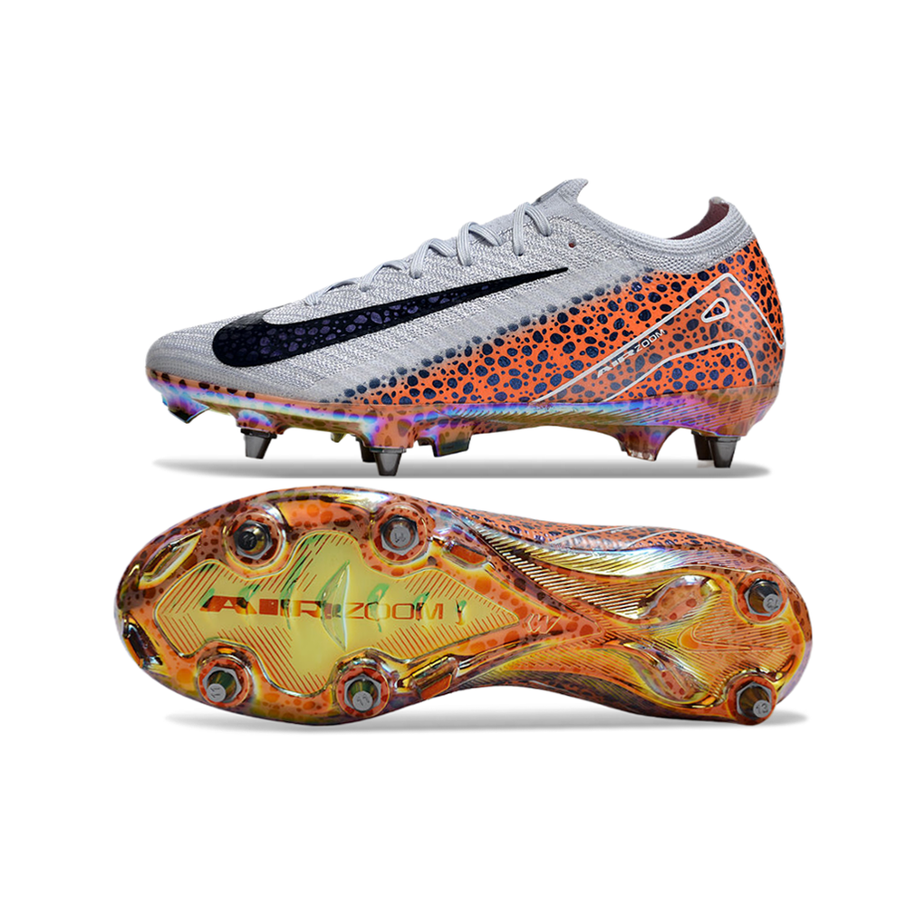 Chuteira Campo Nike Air Zoom Mercurial Vapor 16 Elite Trava Mista Branca, Laranja e Preto 