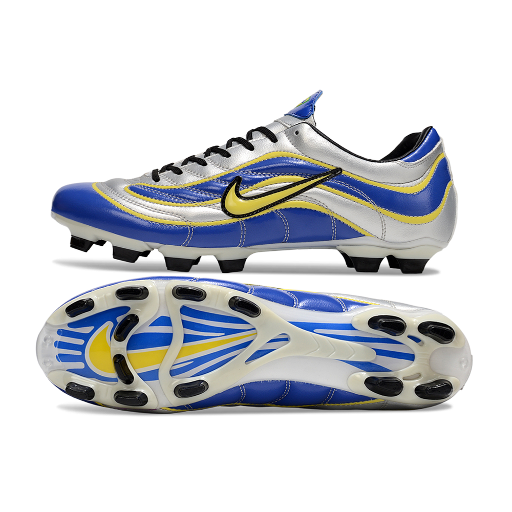 Chuteira Campo Nike Mercurial Vapor 1998 FG Prata, Azul e Amarelo 