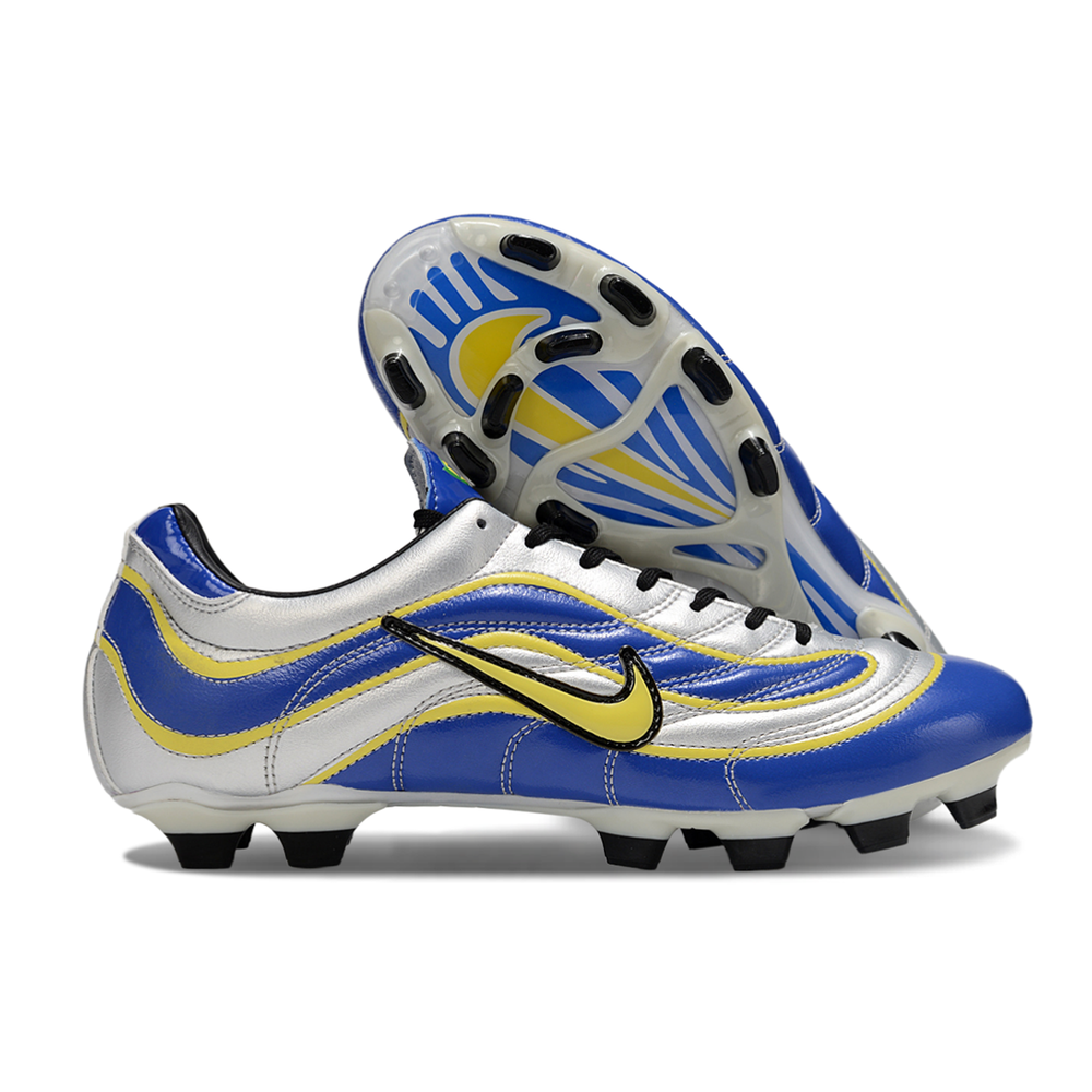 Chuteira Campo Nike Mercurial Vapor 1998 FG Prata, Azul e Amarelo 