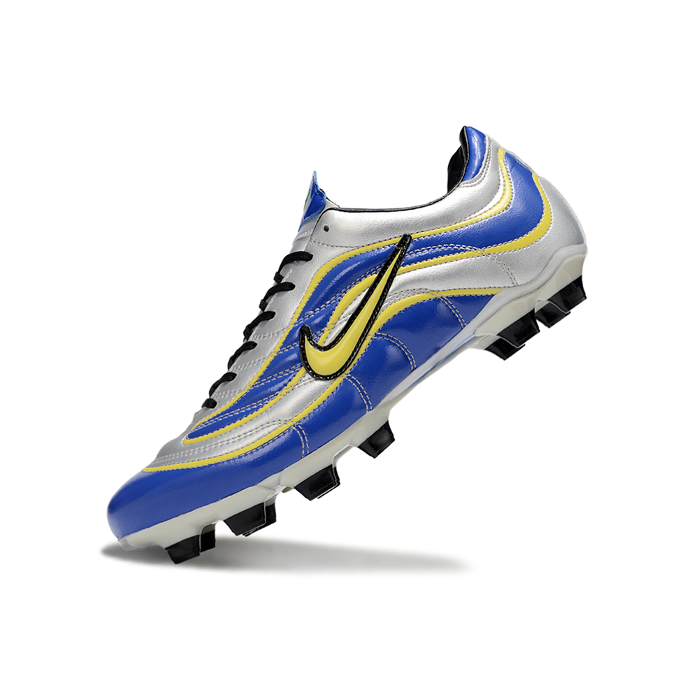 Chuteira Campo Nike Mercurial Vapor 1998 FG Prata, Azul e Amarelo 