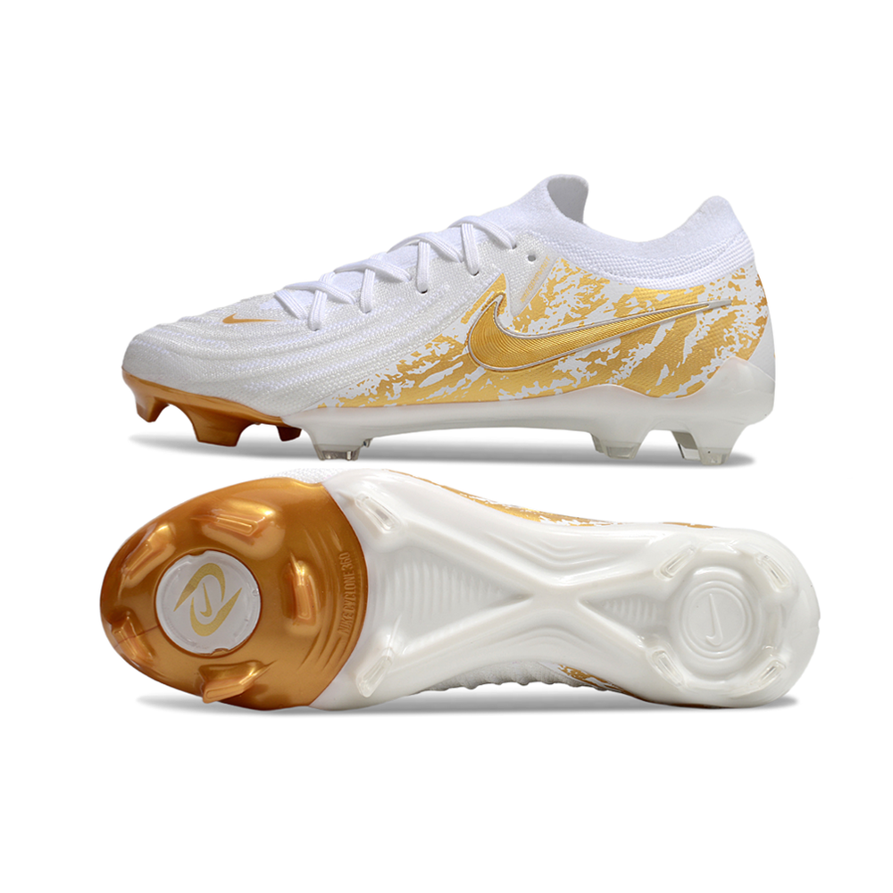 Chuteira Campo Nike Phantom GX 2 Elite FG Branca e Dourada