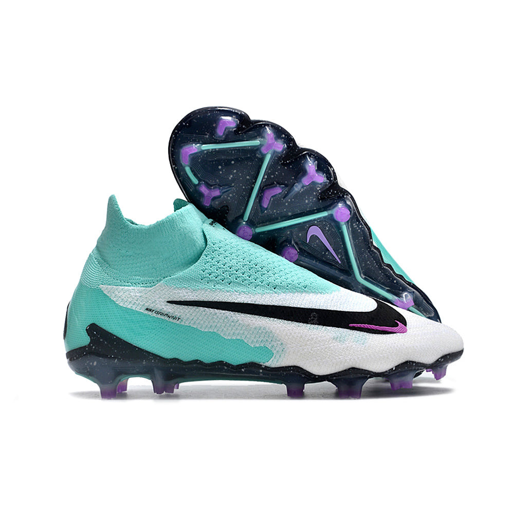 Chuteira Campo Nike Phantom GX DF Elite FG Branca, Verde e Roxa 