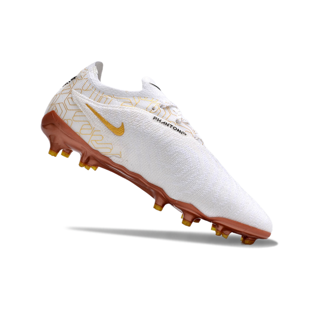 Chuteira Campo Nike Phantom GX Elite FG Branca e Dourada 