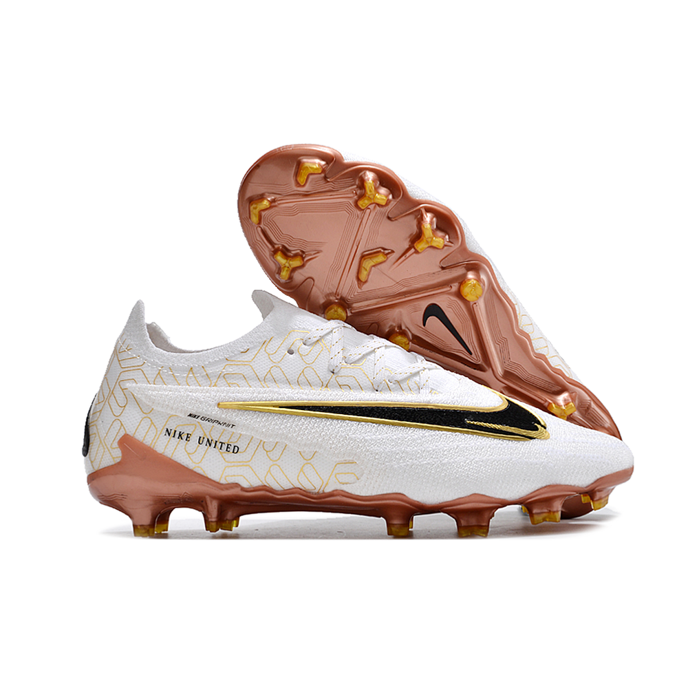 Chuteira Campo Nike Phantom GX Elite FG Branca e Dourada 