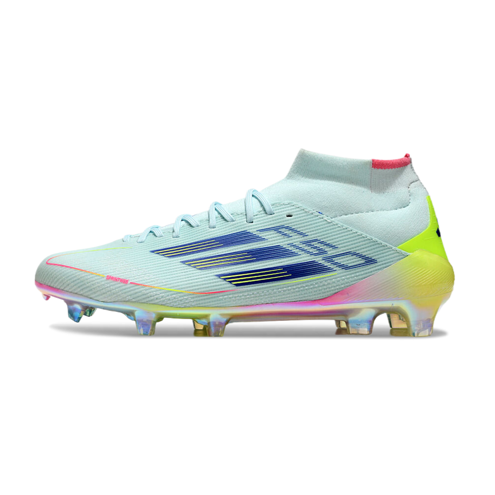 Chuteira Campo Adidas F50 Cano Médio FG Azul, Rosa e Amarelo 
