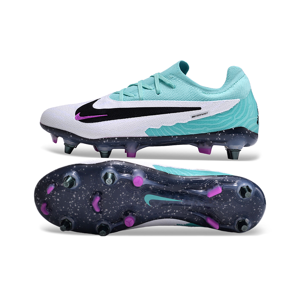 Chuteira Campo Nike Phantom GX Elite Trava Mista Branca, Verde e Roxa 