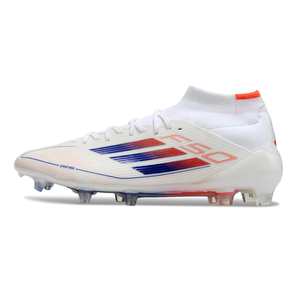 Chuteira Campo Adidas F50 Cano Médio FG Branca, Azul e Laranja 