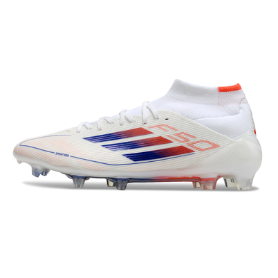 Chuteira Campo Adidas F50 Cano Médio FG Branca, Azul e Laranja 