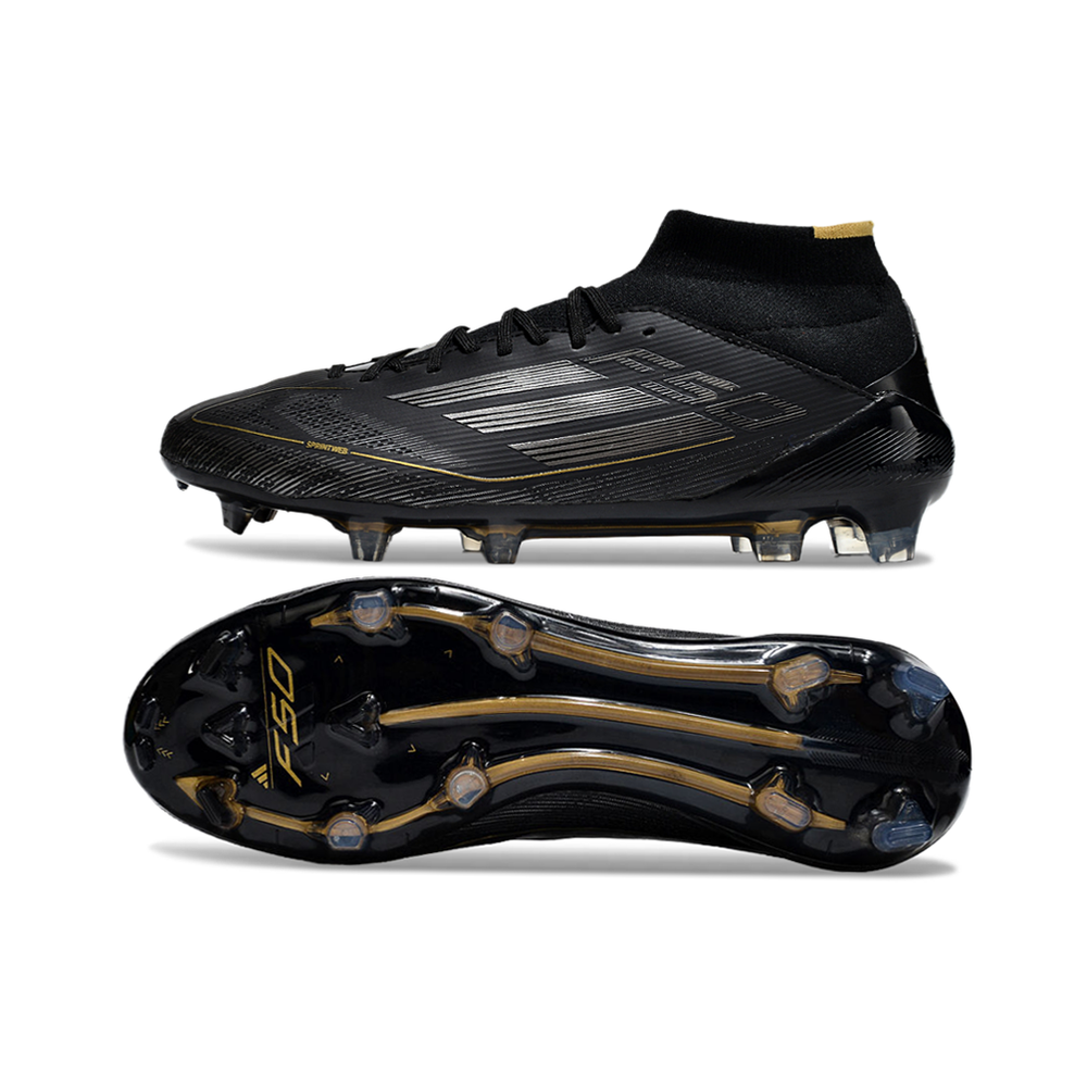 Chuteira Campo Adidas F50 Cano Médio FG Preto e Dourado