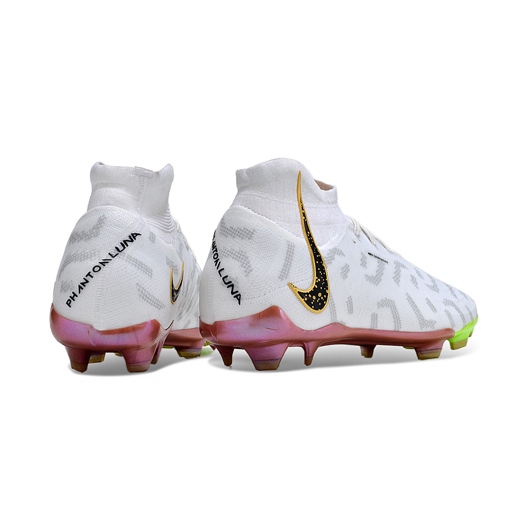 Chuteira Campo Nike Phantom Luna Elite FG Branca e Dourada 