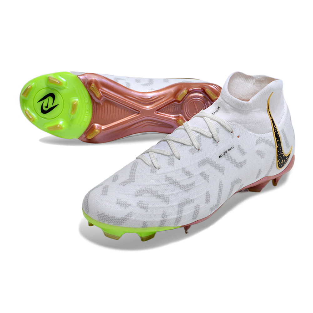Chuteira Campo Nike Phantom Luna Elite FG Branca e Dourada 