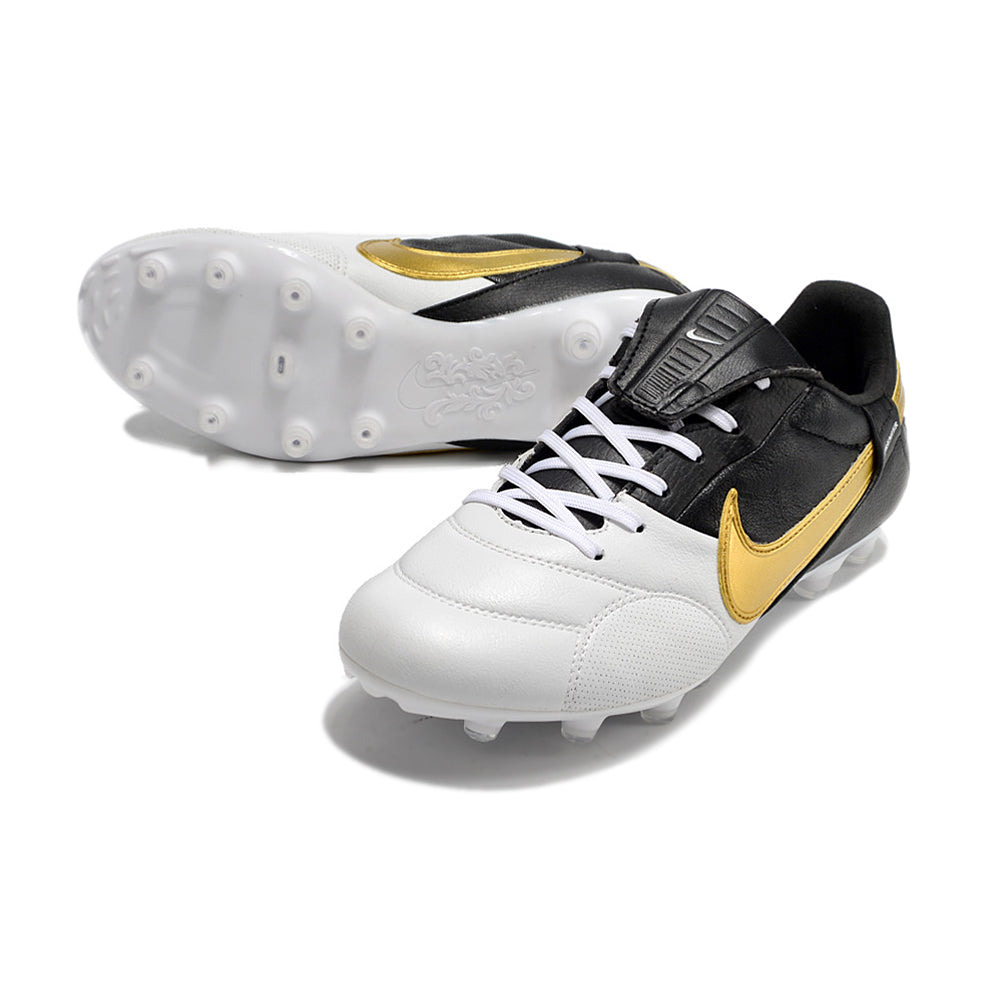 Chuteira Campo Nike Premier 3 FG Branca, Preta e Dourado 