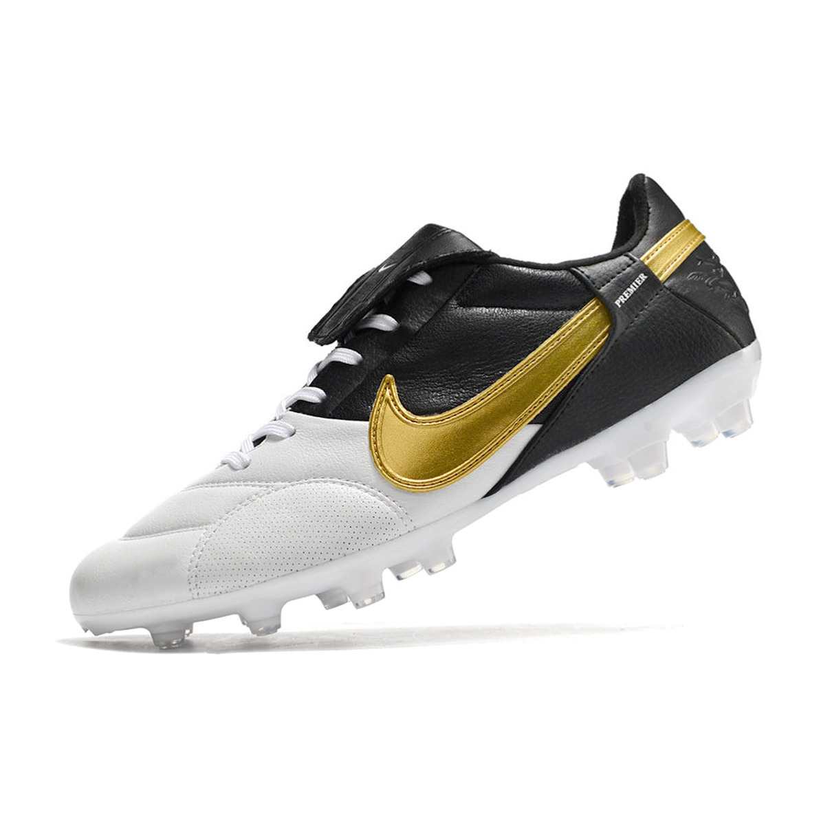 Chuteira Campo Nike Premier 3 FG Branca, Preta e Dourado