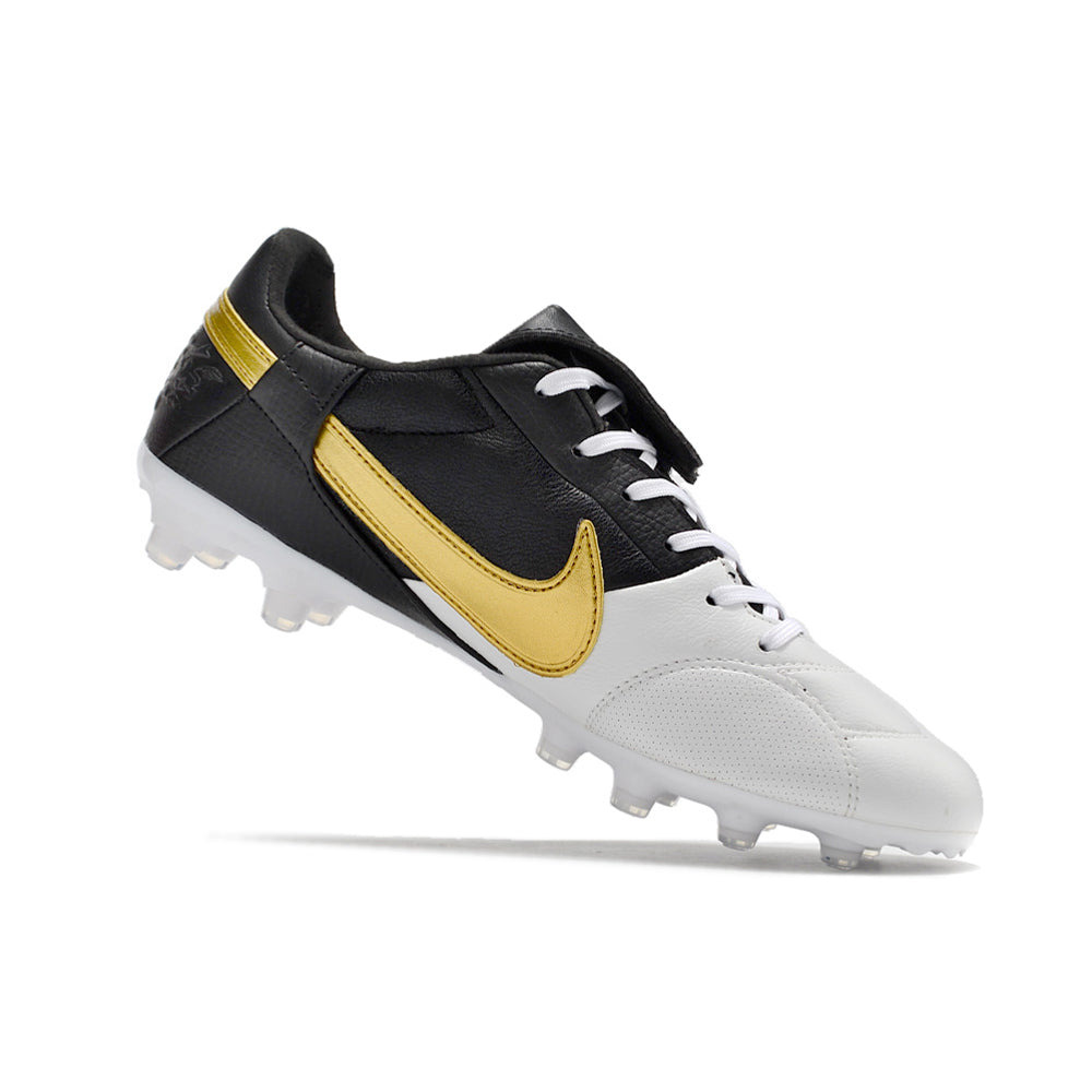 Chuteira Campo Nike Premier 3 FG Branca, Preta e Dourado 