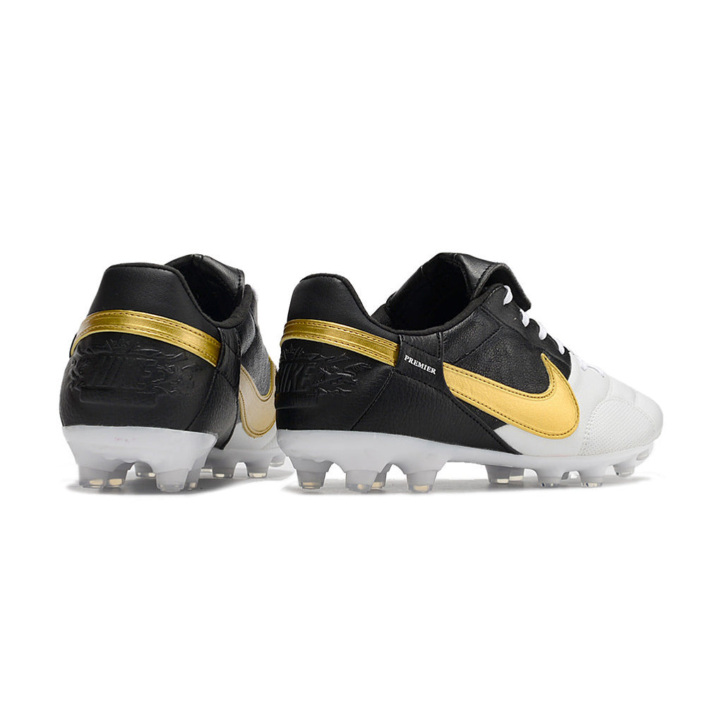 Chuteira Campo Nike Premier 3 FG Branca, Preta e Dourado 