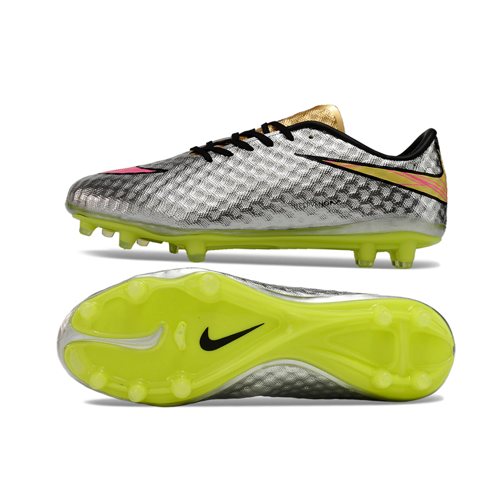 Chuteira Campo Nike Retrô Hypervenom Phantom I FG Prata, Verde e Dourada
