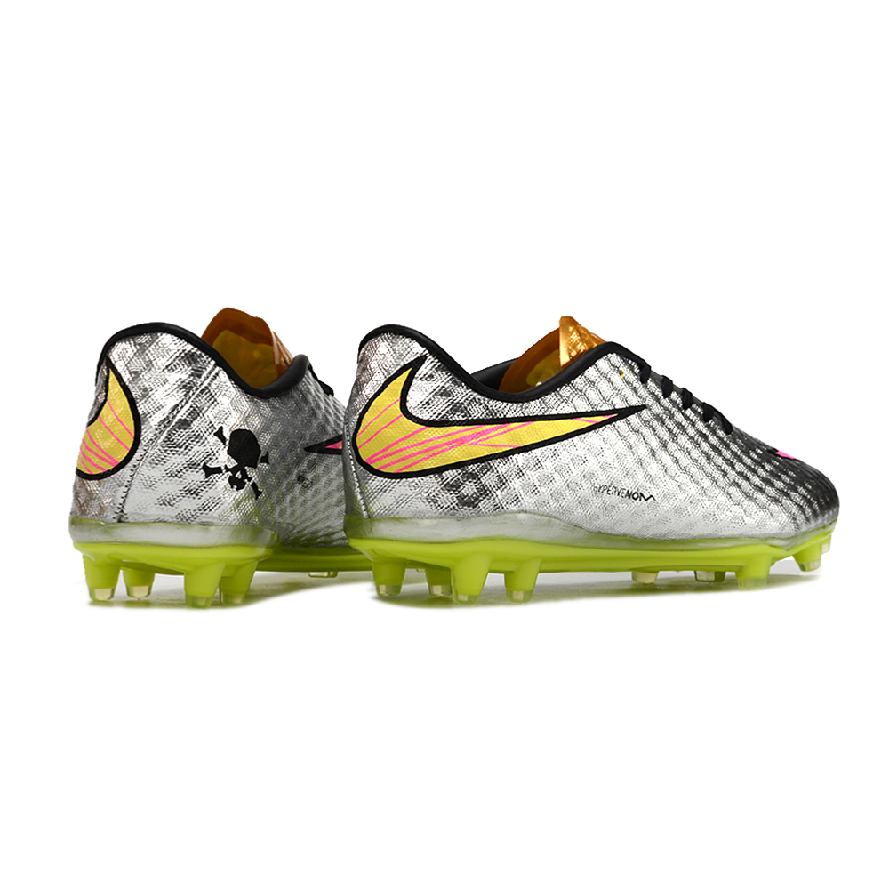 Chuteira Campo Nike Retrô Hypervenom Phantom I FG Prata, Verde e Dourada