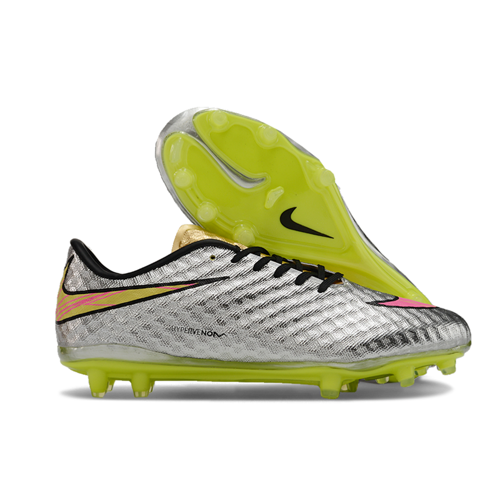 Chuteira Campo Nike Retrô Hypervenom Phantom I FG Prata, Verde e Dourada