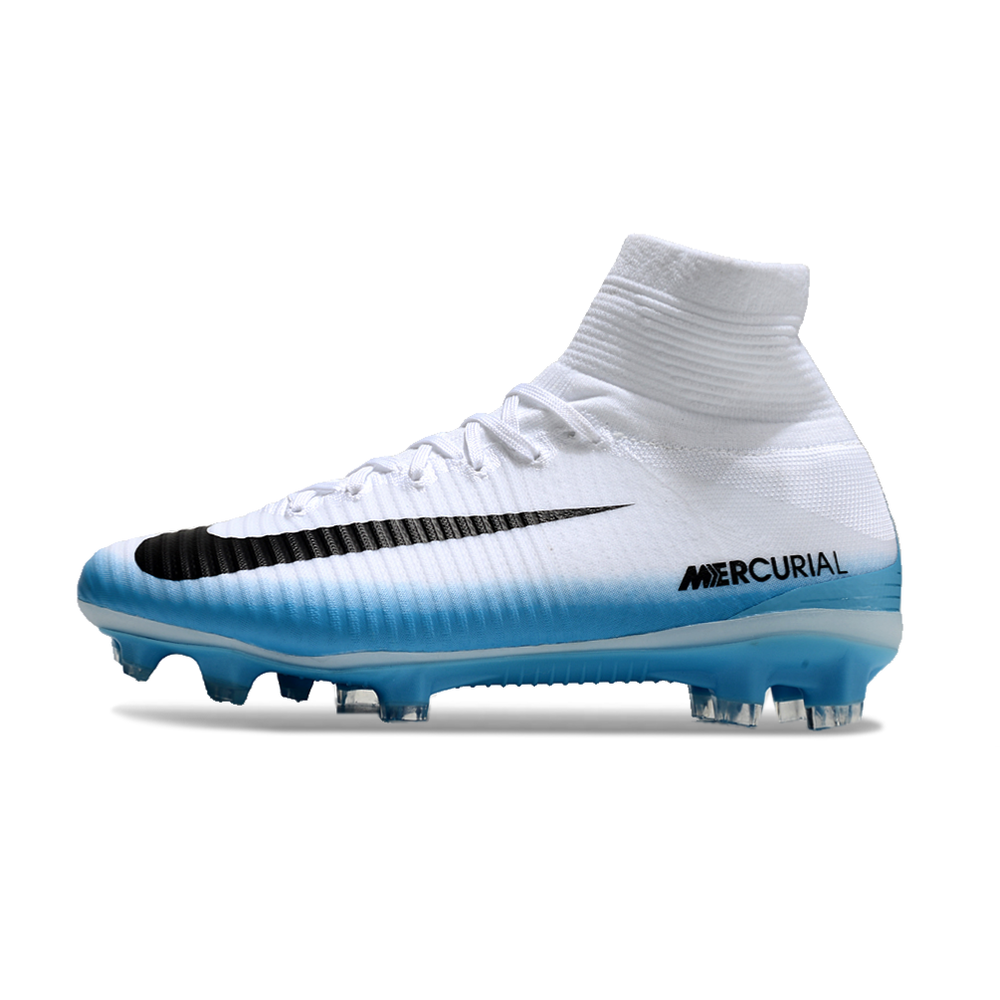 Chuteira Campo Nike Retrô Mercurial Superfly 5 FG Branca e Azul