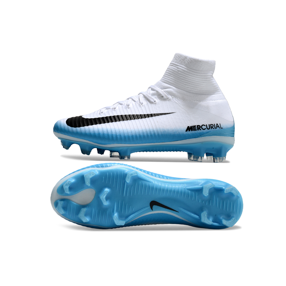 Chuteira Campo Nike Retrô Mercurial Superfly 5 FG Branca e Azul