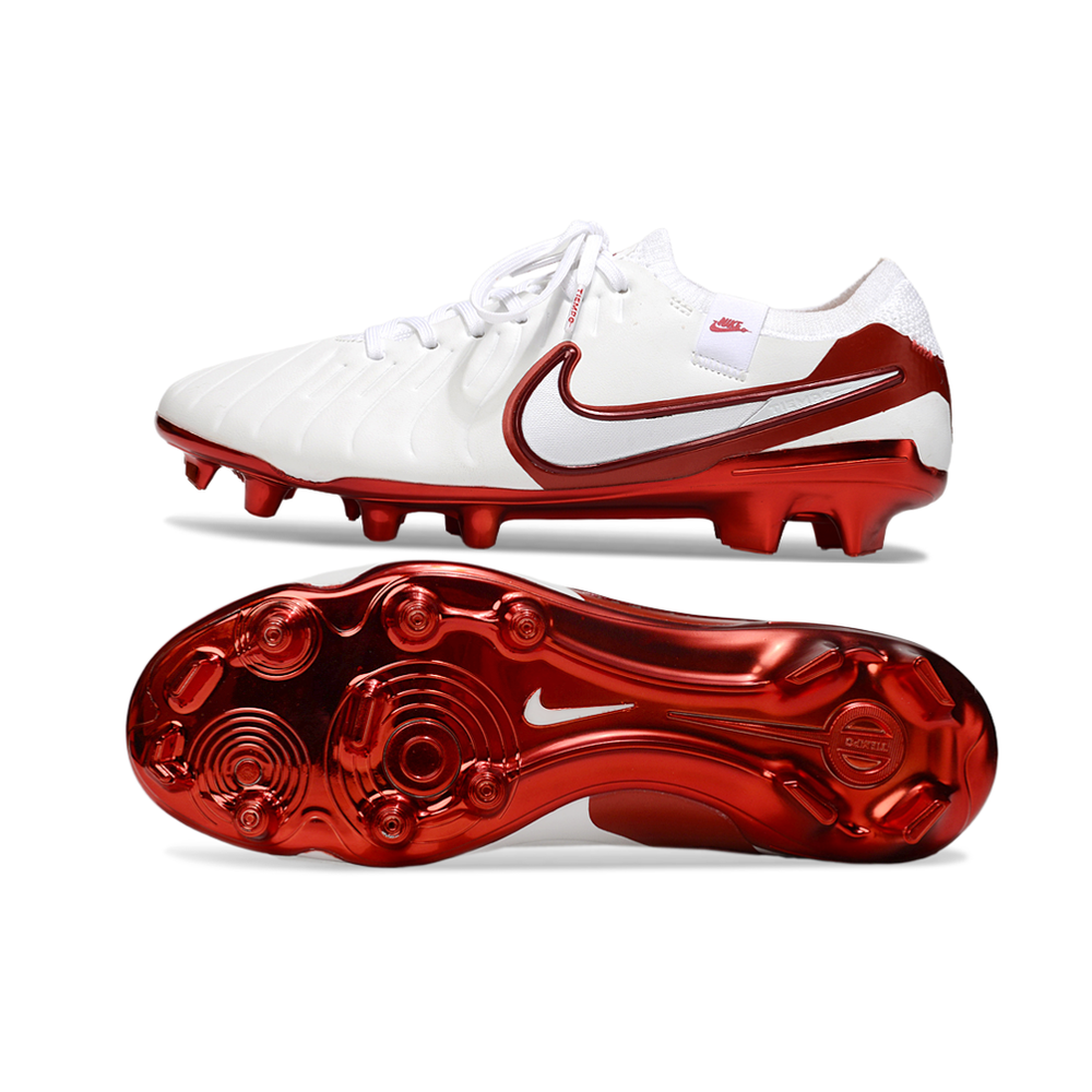 Chuteira Campo Nike Tiempo Legend 10 Elite FG Branca e Vermelha 