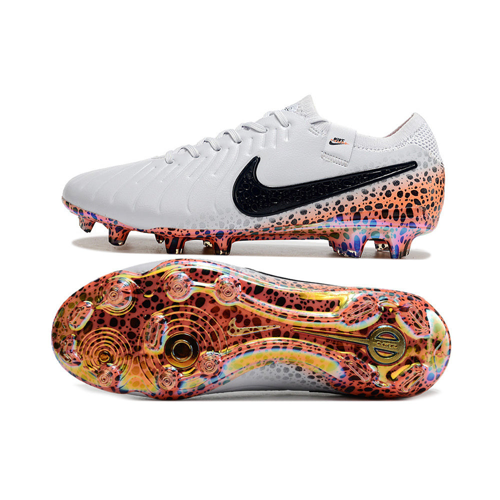 Chuteira Campo Nike Tiempo Legend 10 Elite FG Branca, Preto e Laranja 