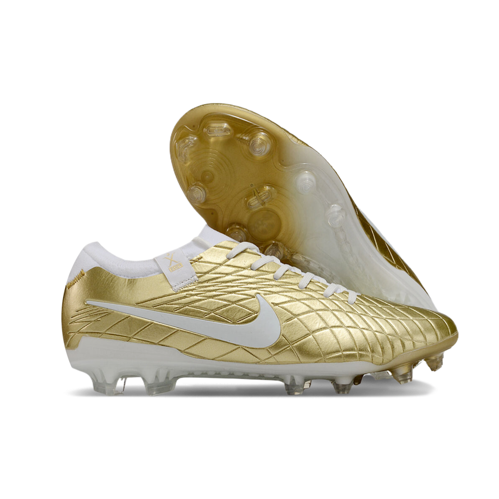 Chuteira Campo Nike Tiempo Legend 10 Elite FG Dourada e Branca