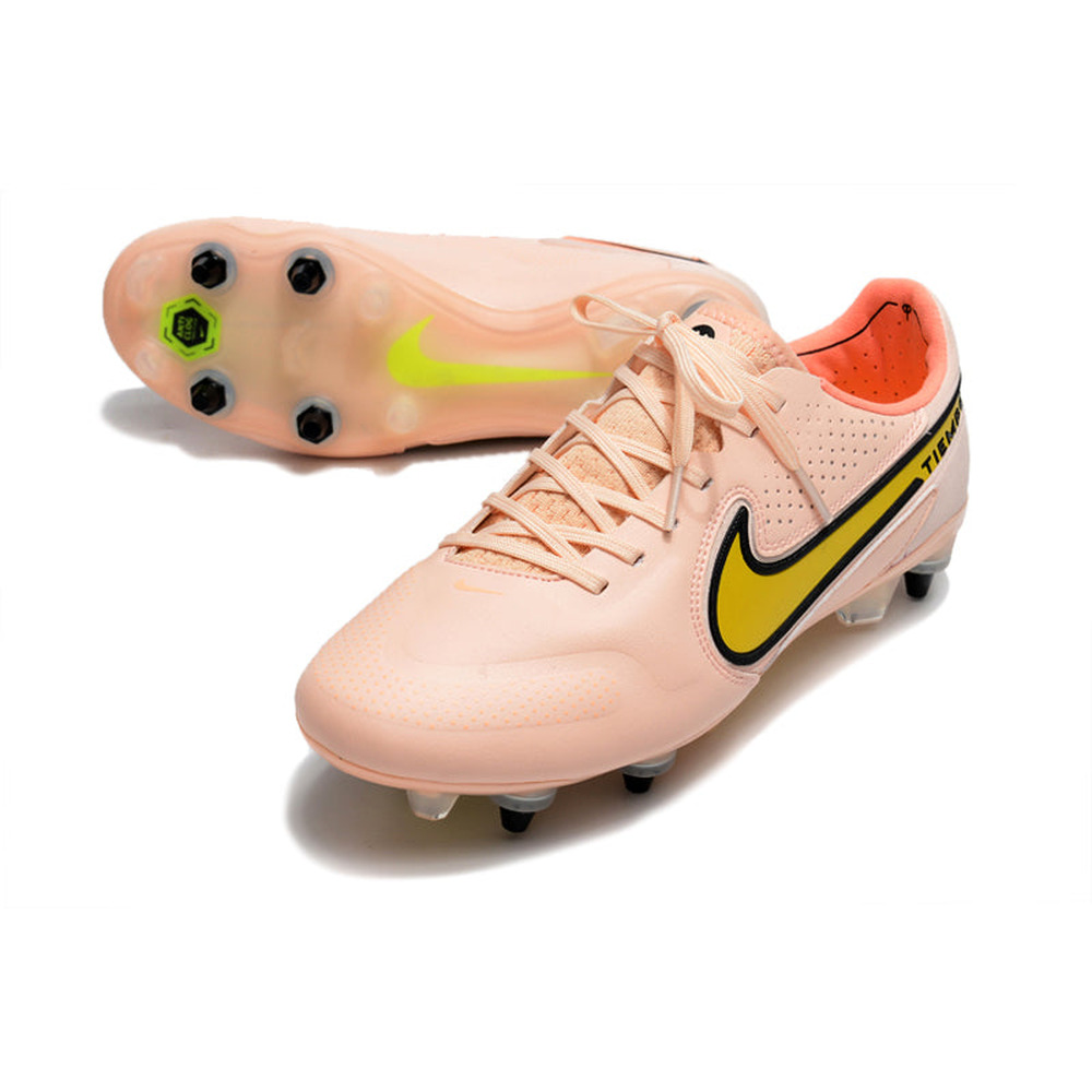 Chuteira Campo Nike Tiempo Legend 9 Elite Trava Mista Rosa e Amarelo 