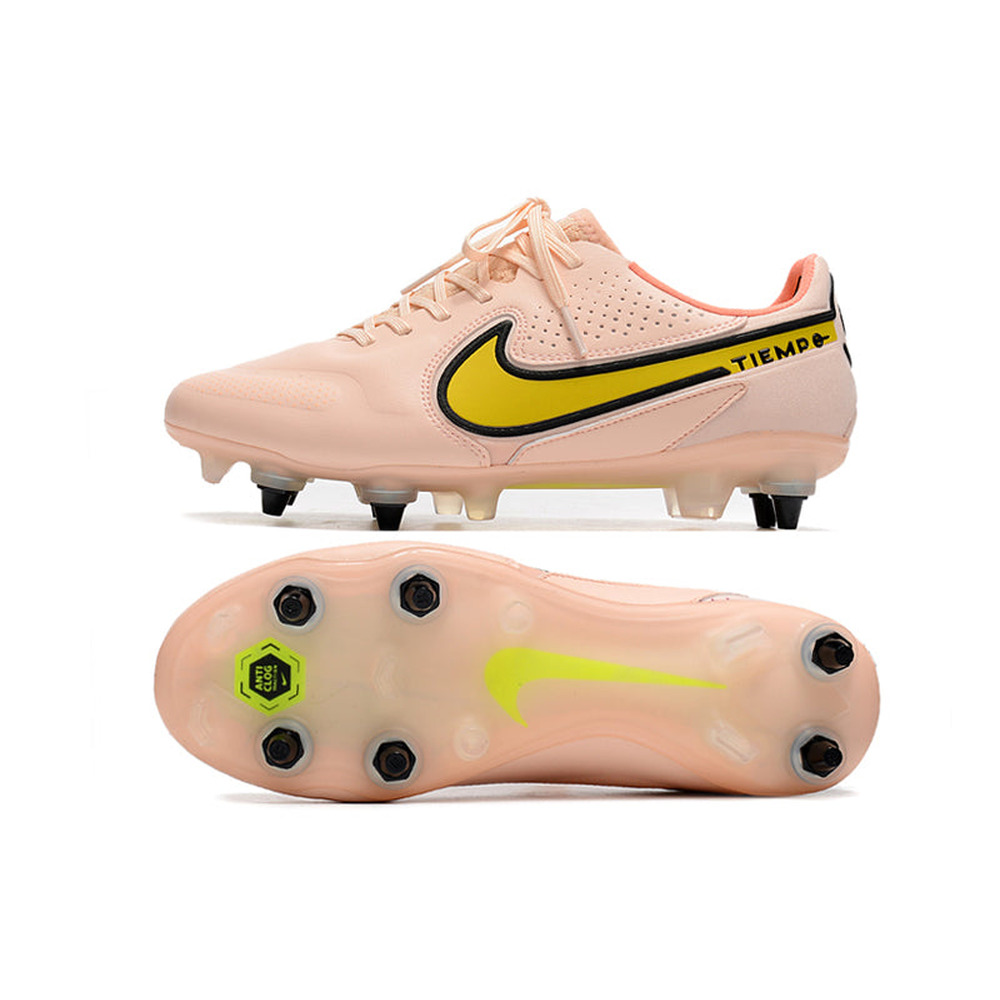 Chuteira Campo Nike Tiempo Legend 9 Elite Trava Mista Rosa e Amarelo 
