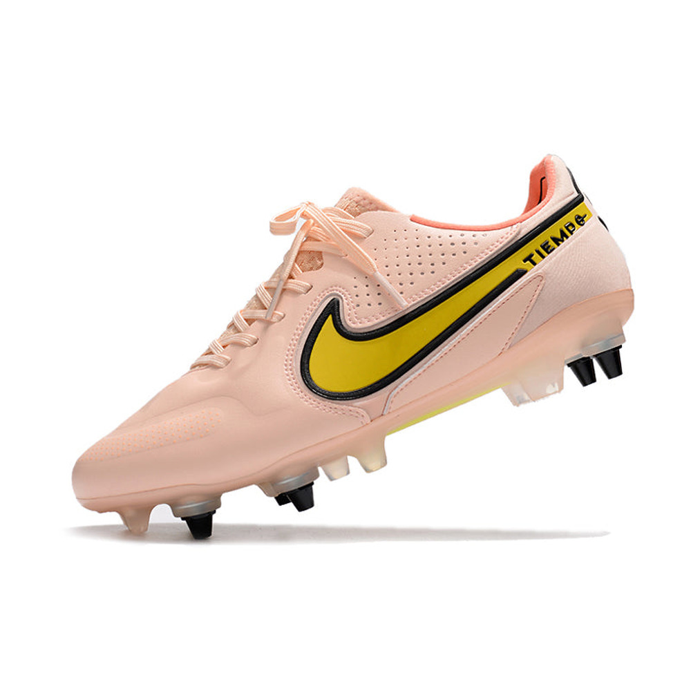 Chuteira Campo Nike Tiempo Legend 9 Elite Trava Mista Rosa e Amarelo 