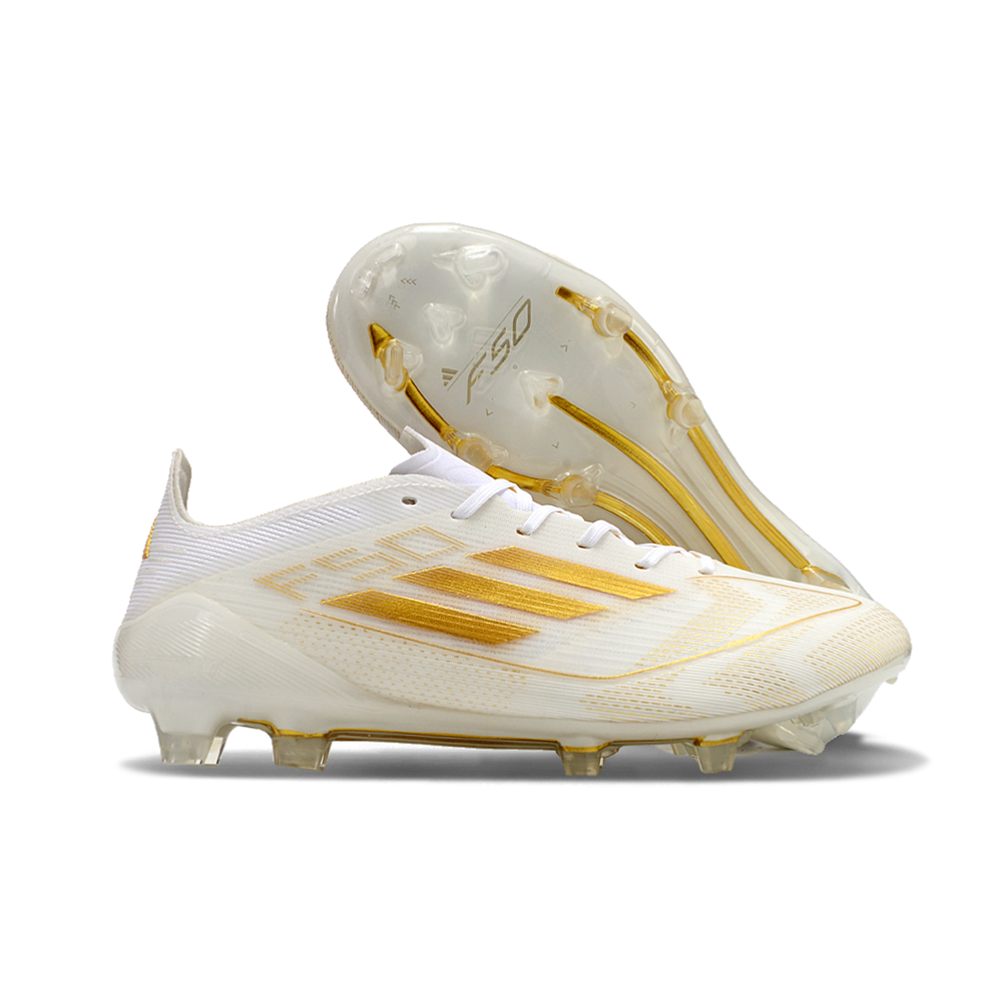 Chuteira Campo Adidas F50 FG Branca e Dourada 