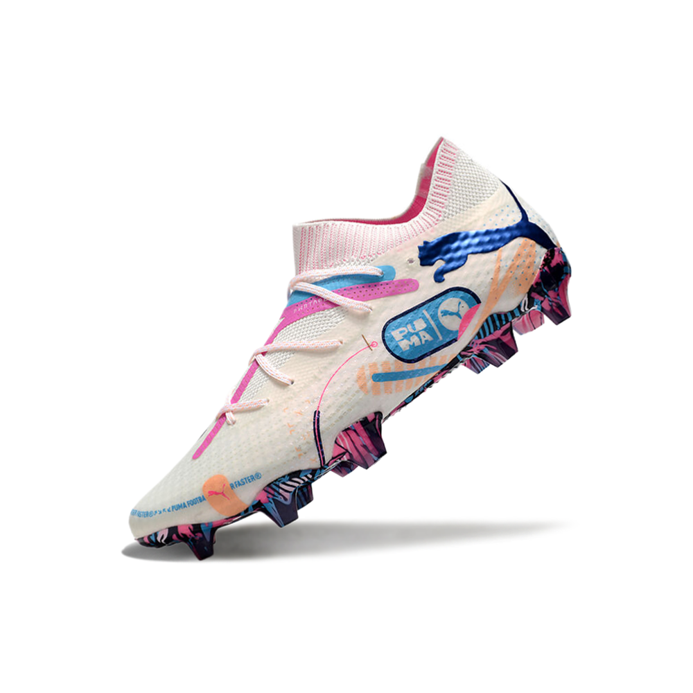 Chuteira Campo Puma Future 7 FG Branca, Azul e Rosa 