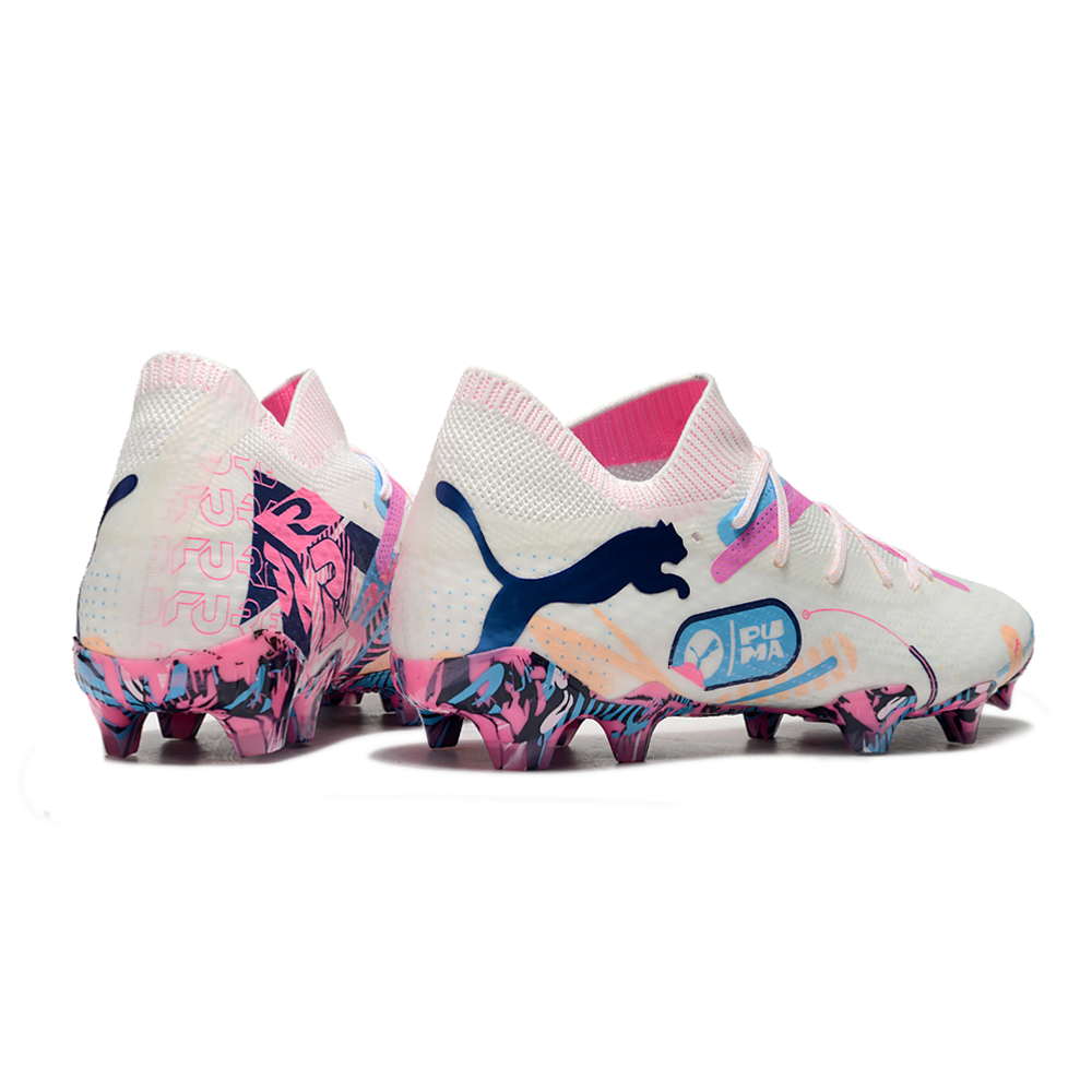 Chuteira Campo Puma Future 7 FG Branca, Azul e Rosa 