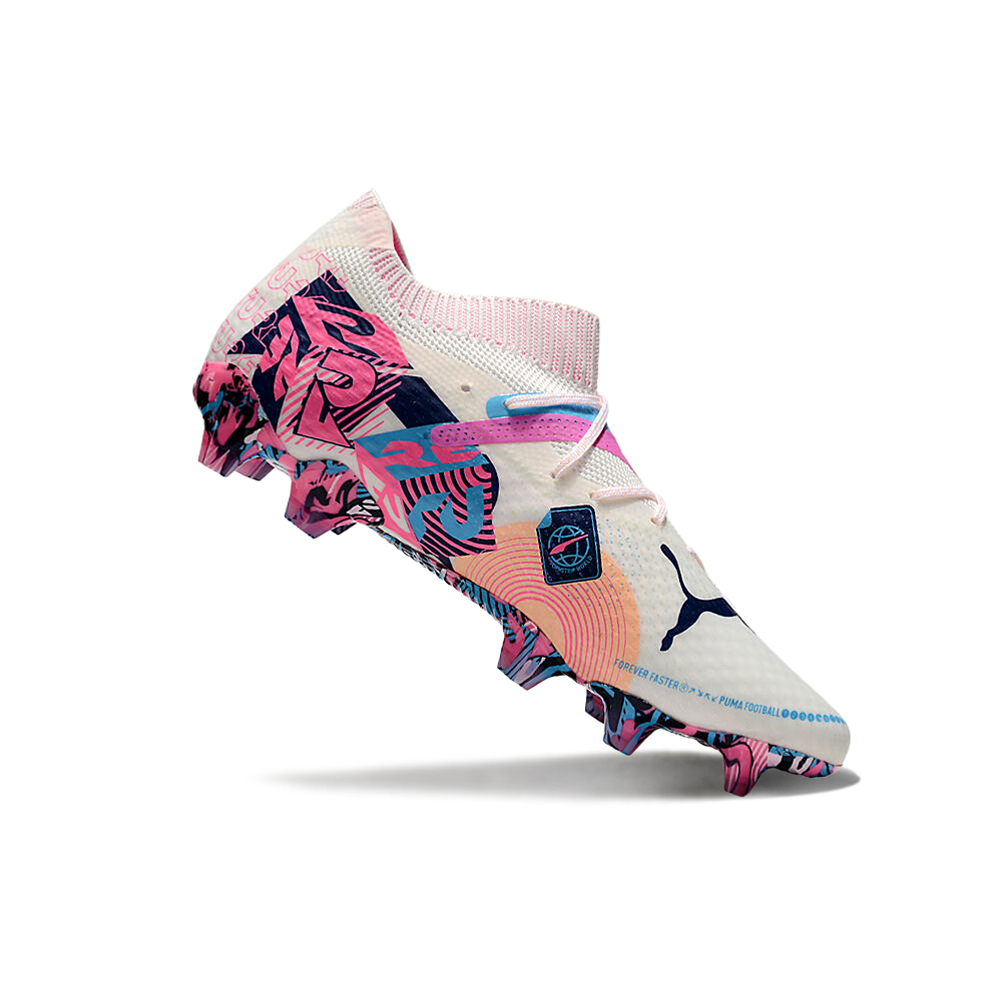 Chuteira Campo Puma Future 7 FG Branca, Azul e Rosa 