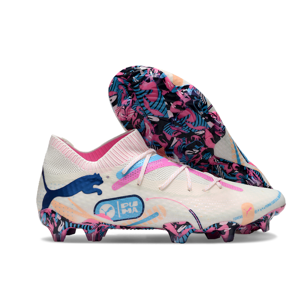 Chuteira Campo Puma Future 7 FG Branca, Azul e Rosa 