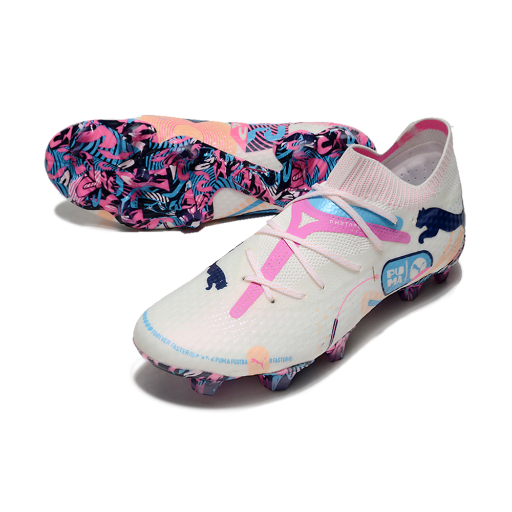 Chuteira Campo Puma Future 7 FG Branca, Azul e Rosa 
