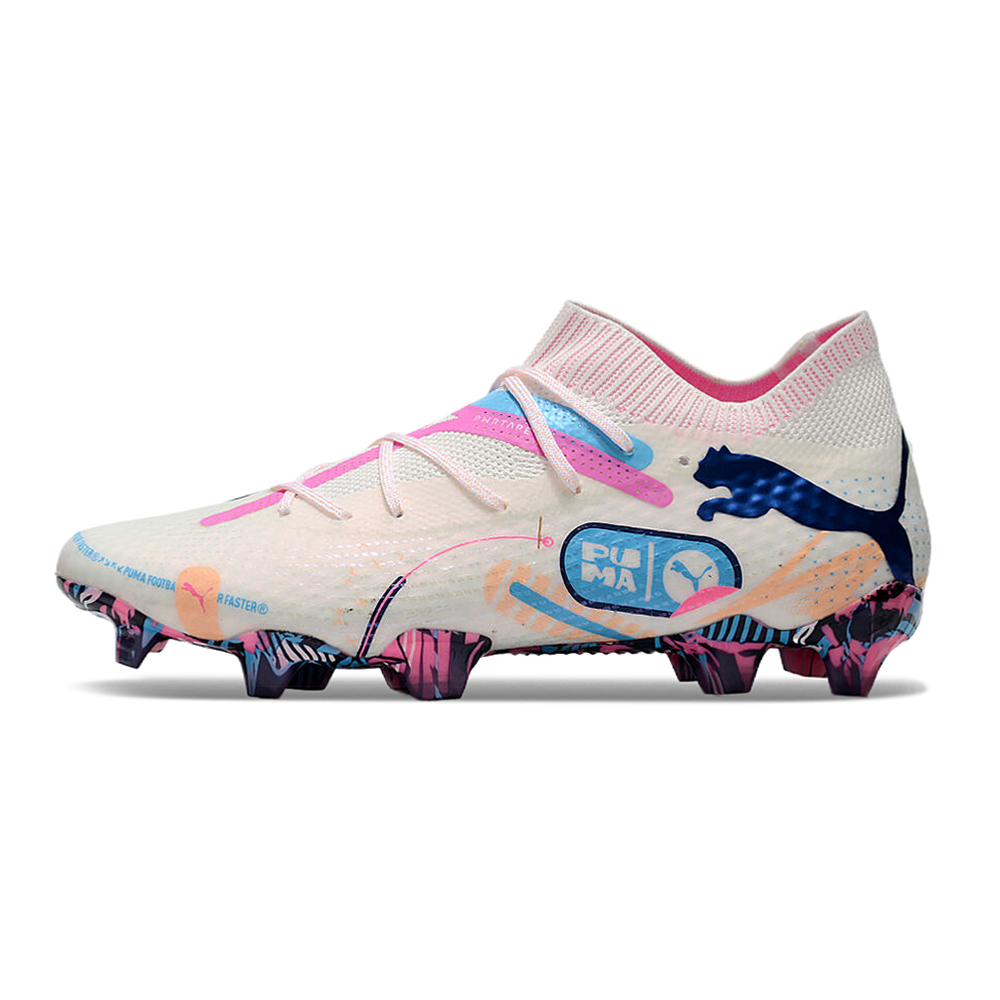 Chuteira Campo Puma Future 7 FG Branca, Azul e Rosa 