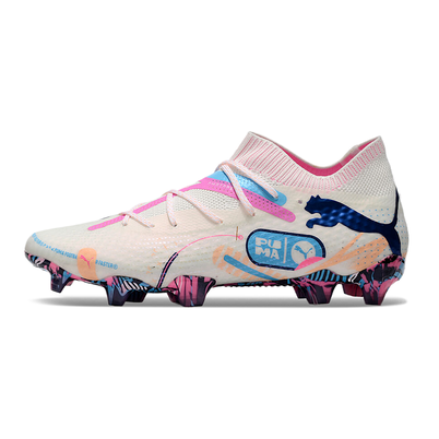 Chuteira Campo Puma Future 7 FG Branca, Azul e Rosa 