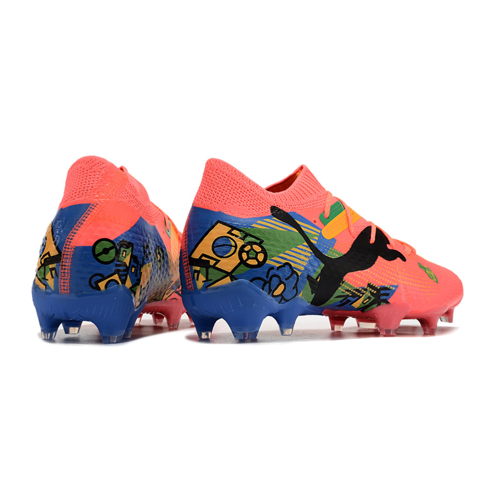 Chuteira Campo Puma Future 7 FG Rosa, Azul, Verde e Amarelo 
