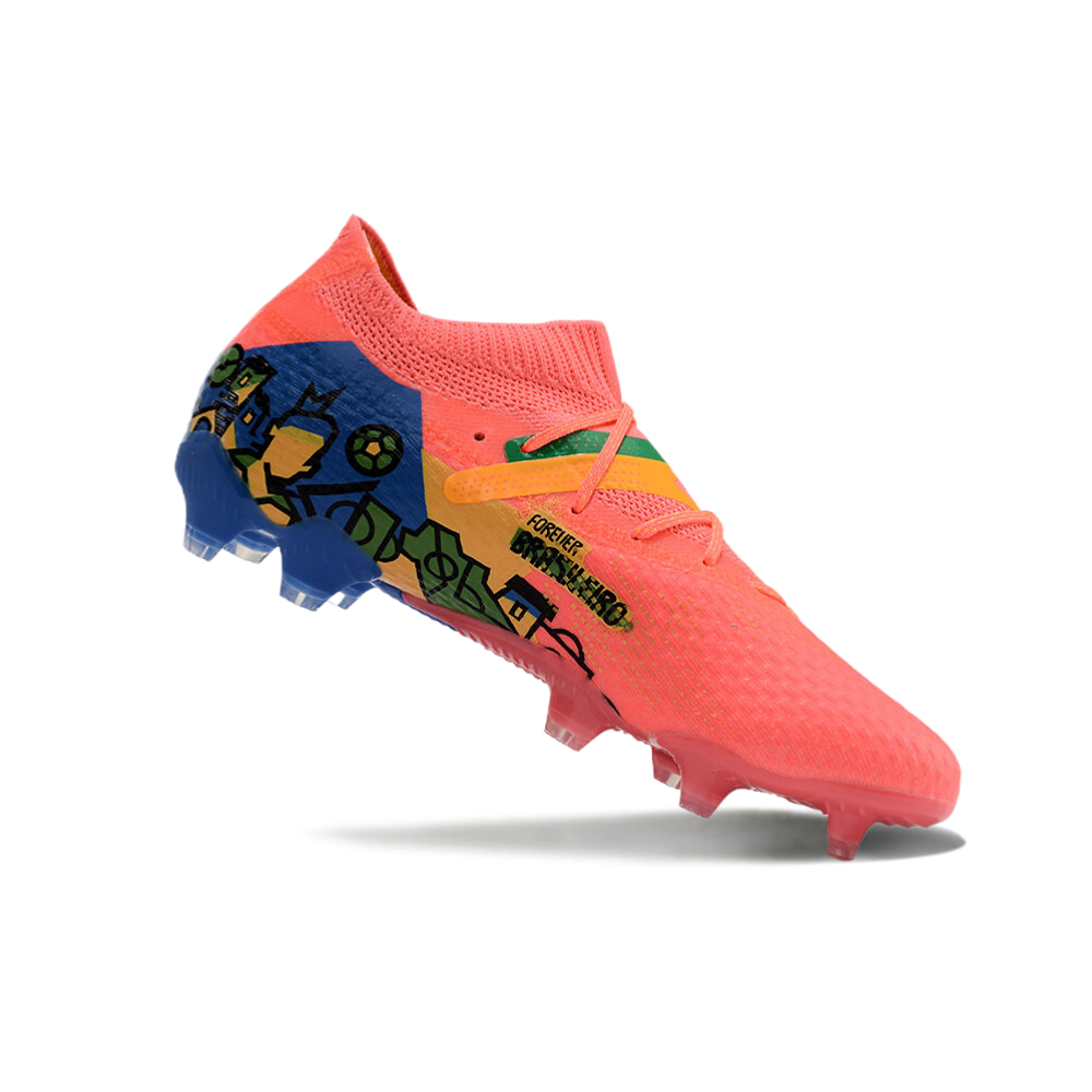 Chuteira Campo Puma Future 7 FG Rosa, Azul, Verde e Amarelo 
