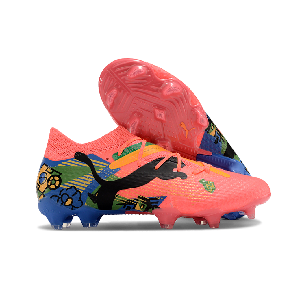 Chuteira Campo Puma Future 7 FG Rosa, Azul, Verde e Amarelo 
