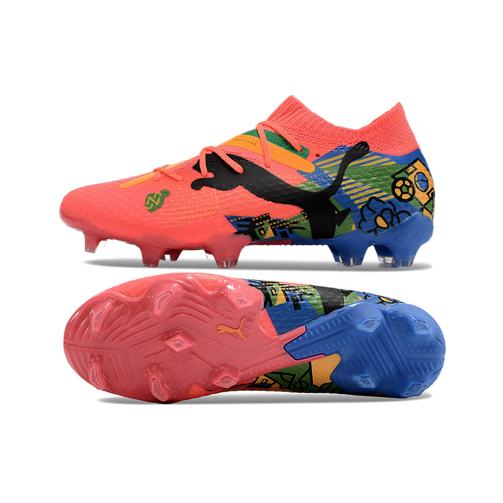 Chuteira Campo Puma Future 7 FG Rosa, Azul, Verde e Amarelo 