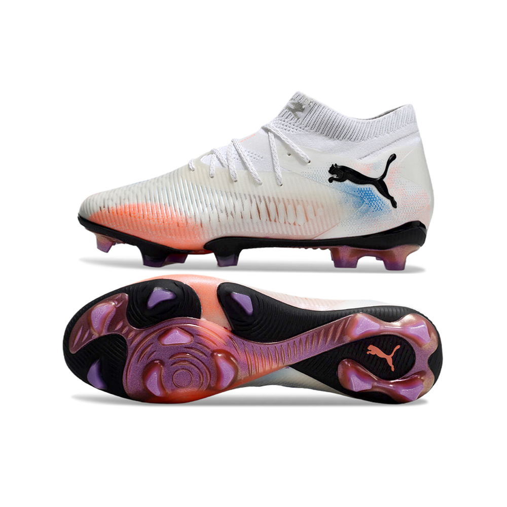 Chuteira Campo Puma Future 8 FG Branca, Laranja e Azul