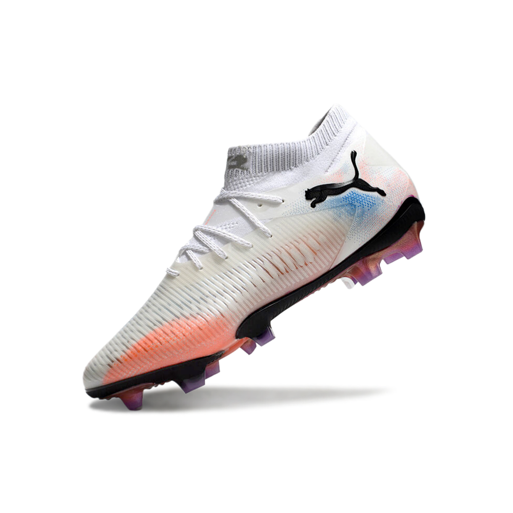 Chuteira Campo Puma Future 8 FG Branca, Laranja e Azul