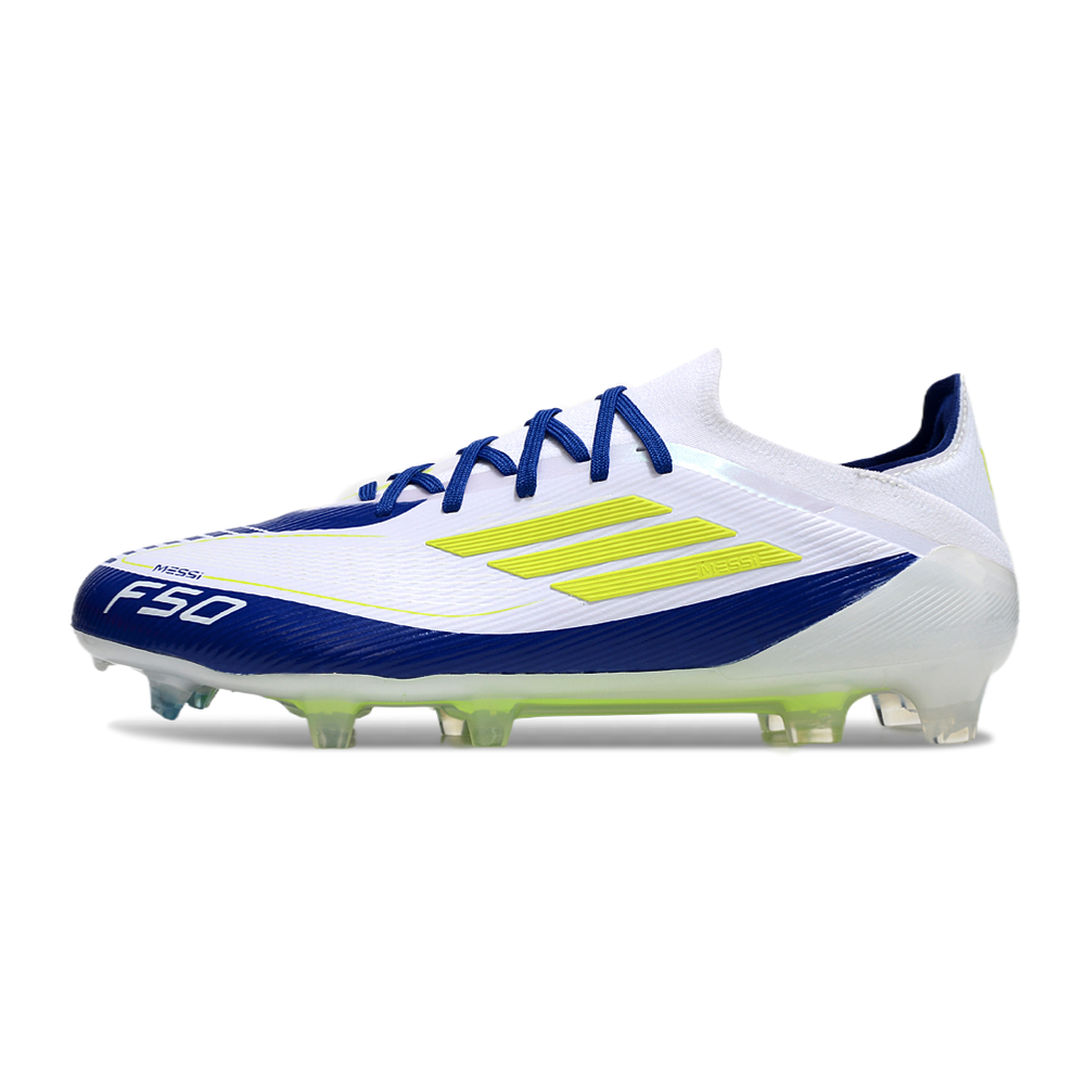 Chuteira Campo Adidas F50 FG Branca, Azul e Verde