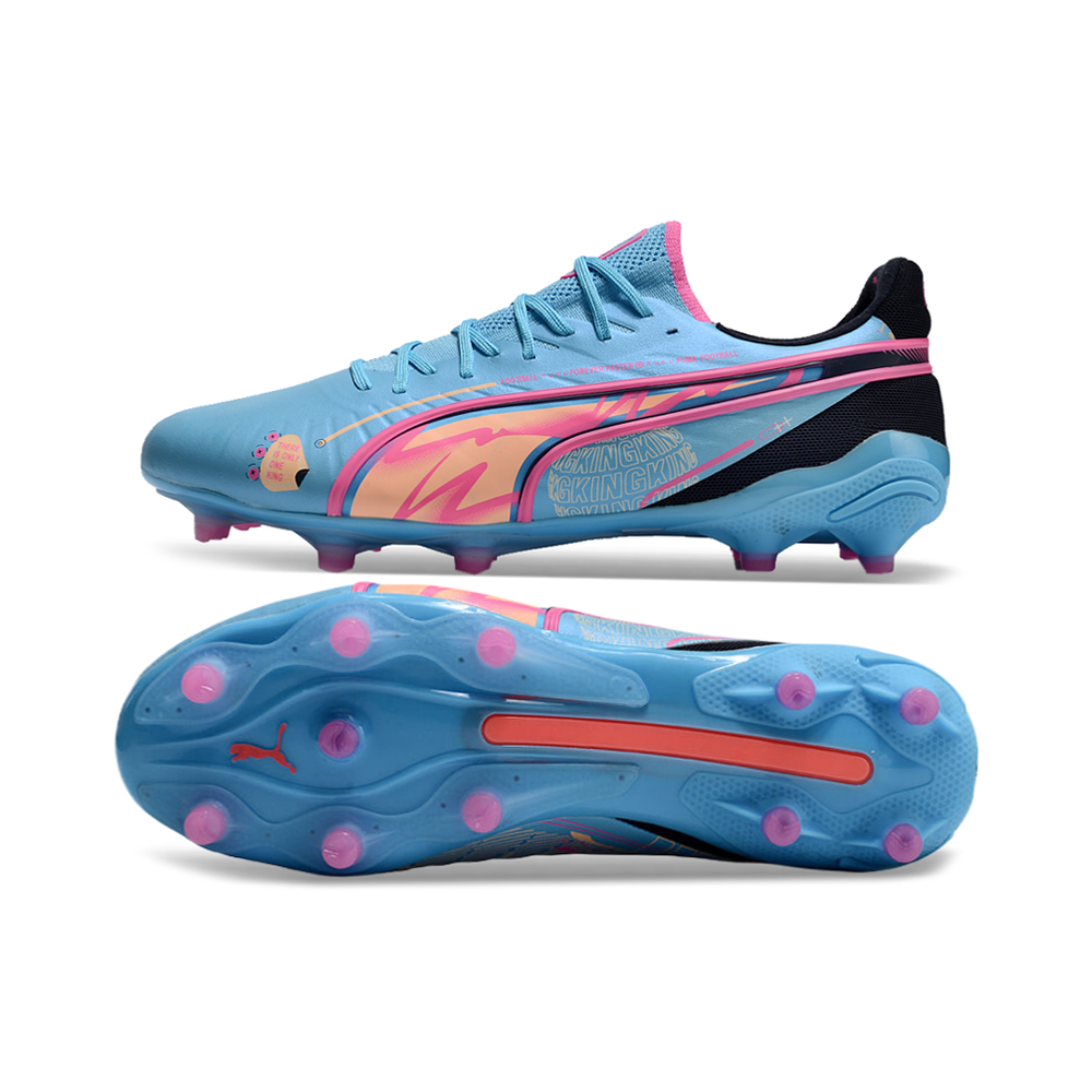 Chuteira Campo Puma King Ultimate FG Azul e Rosa 