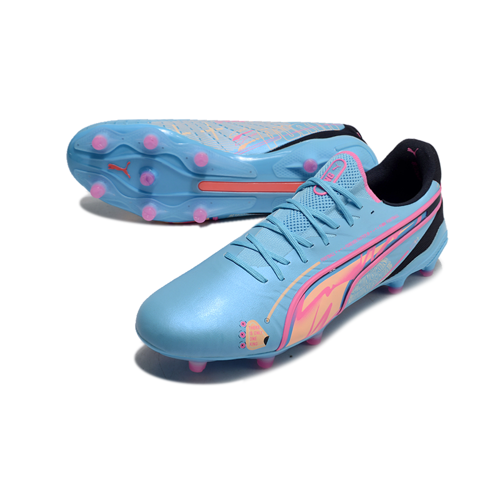 Chuteira Campo Puma King Ultimate FG Azul e Rosa 