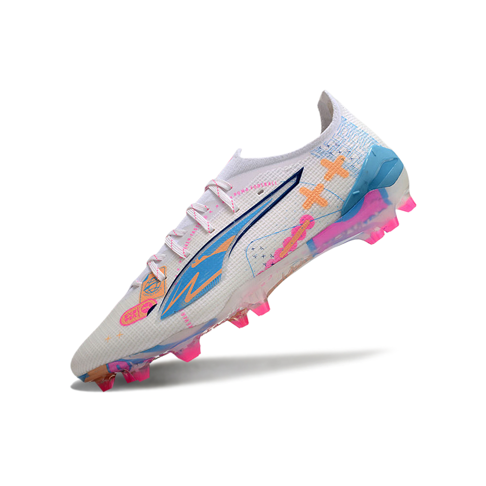 Chuteira Campo Puma Ultra 5 Ultimate FG Branca, Azul e Rosa 